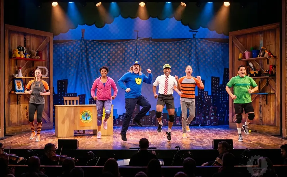 A group of actors in costumes dance on a stage with a cityscape backdrop and shelves of toys.