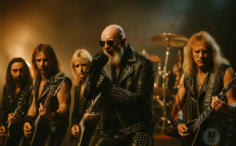 Heavy metal band performing on stage, with lead singer in black studded jacket and sunglasses.