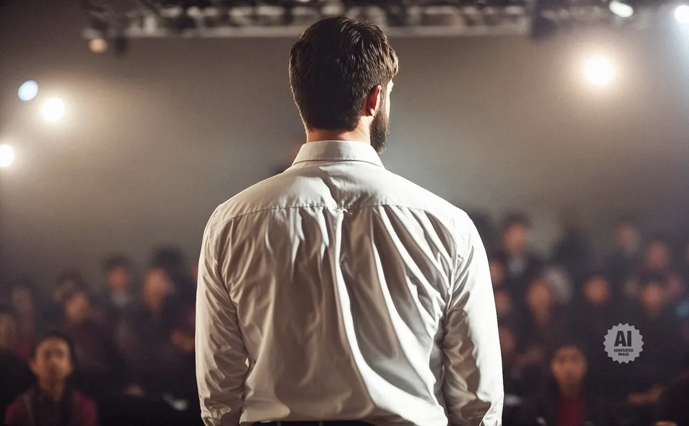 Man in a white shirt facing away from the camera, speaking to an audience in a dimly lit room.