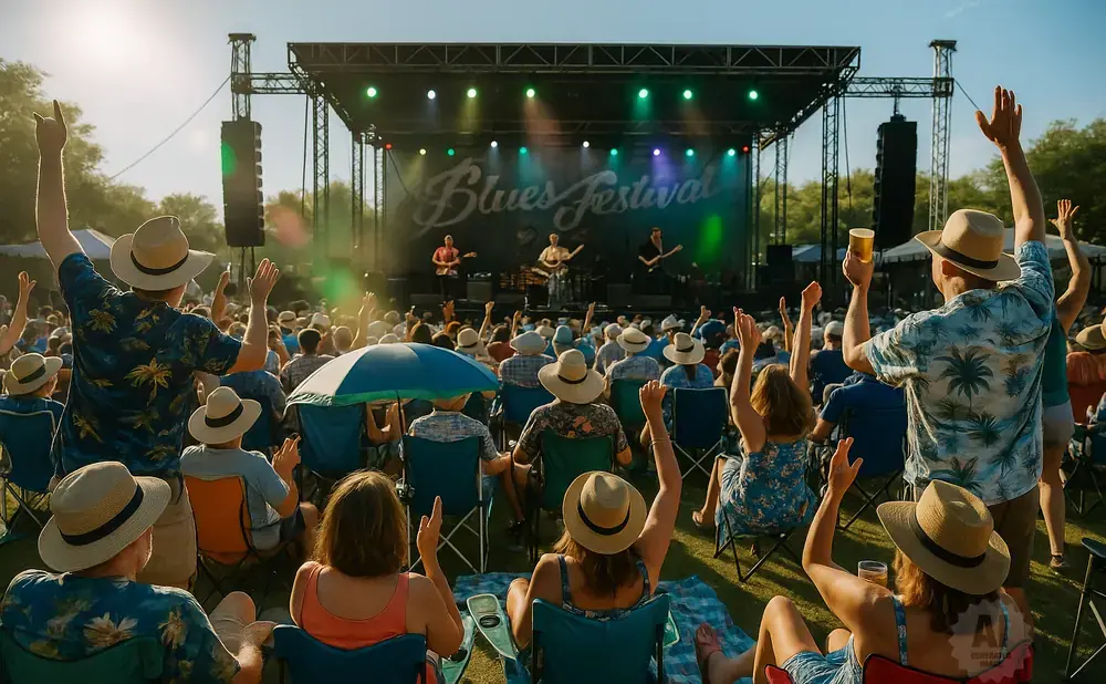 A crowd enjoys an outdoor blues festival, with a band playing on stage and people raising their hands in the air.
