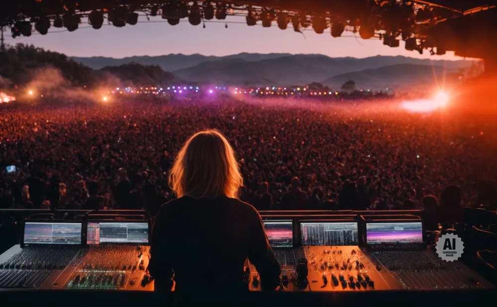 Sound engineer at a concert mixing desk, facing a massive crowd and stage lights at dusk.