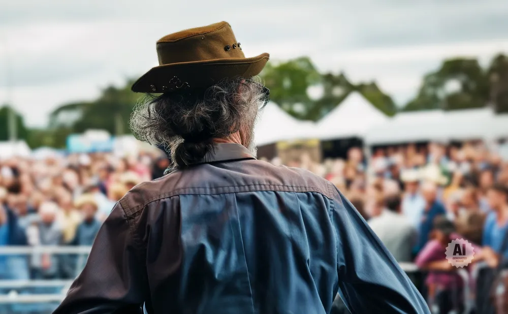 Man in a cowboy hat from behind, looking at a crowd at an outdoor event.