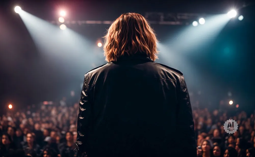 Person in a leather jacket on stage, back to the camera, facing a crowd under bright stage lights.