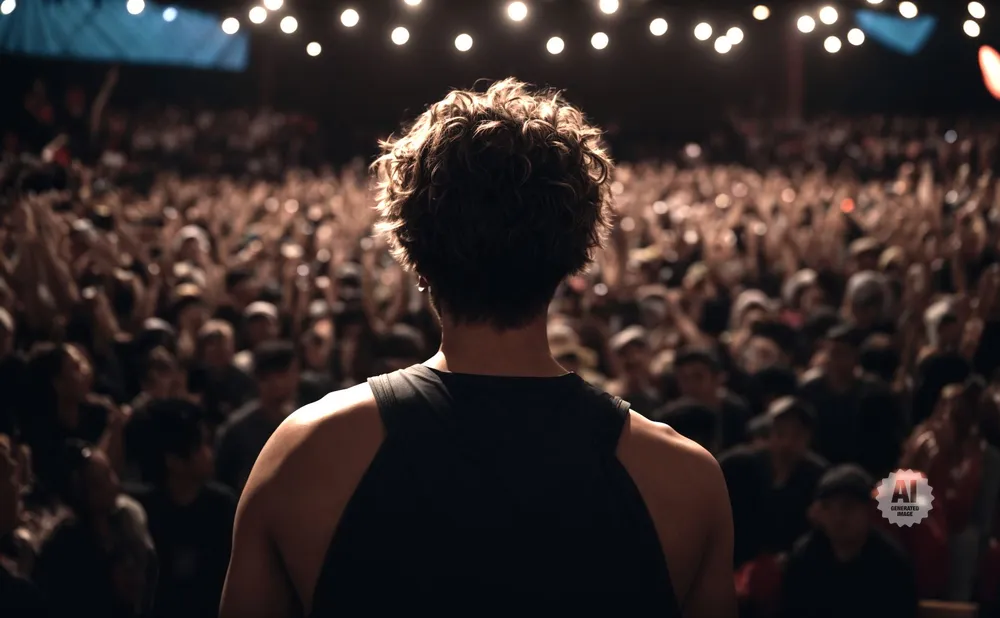 Rear view of a person with curly hair on stage facing a cheering, dimly lit crowd.