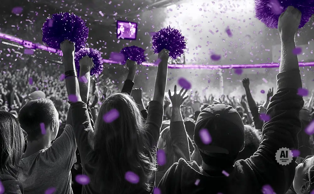 Fans cheer with purple pom-poms amidst falling confetti at a concert or sporting event.