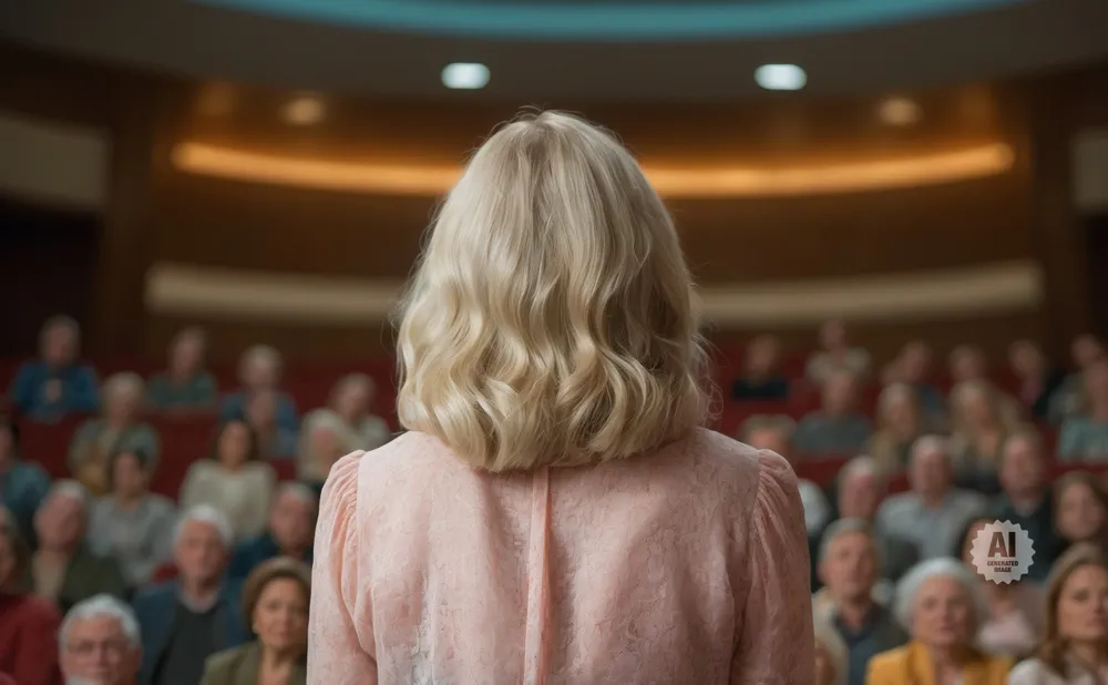 Woman with blonde hair in a pink dress speaks to an audience in an auditorium.