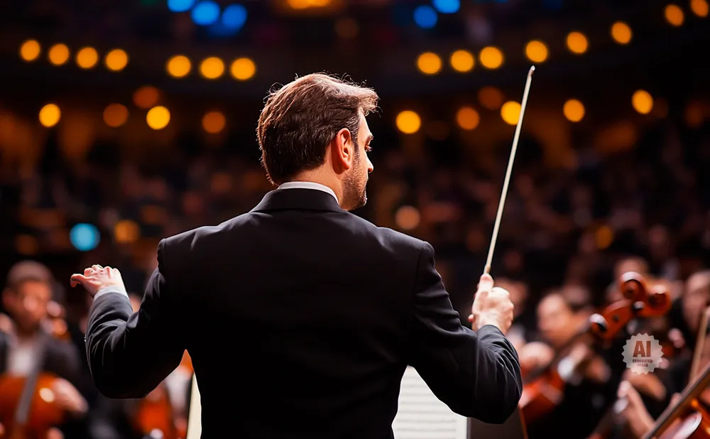 Conductor leading an orchestra, back view, with blurred bokeh lights in the background.