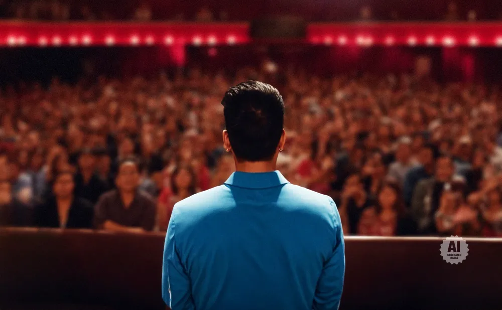 A man in a blue jacket faces away from the camera, looking at a blurred audience in a theater.