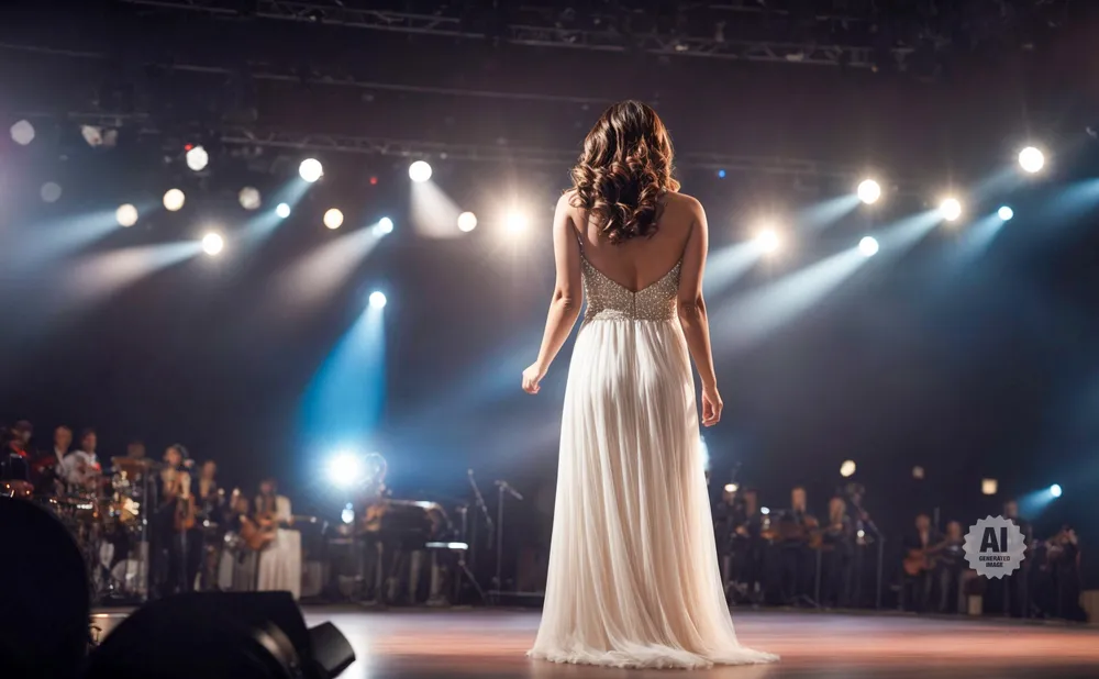 A woman in a white gown stands on a stage, facing away from the camera, under bright stage lights.