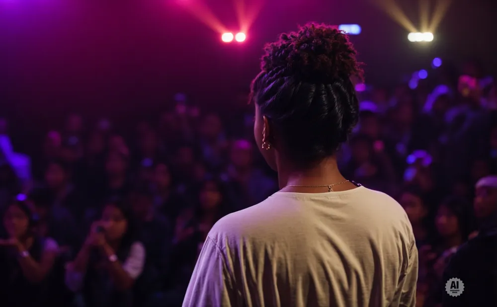 Back view of a woman with her hair in a bun, facing a blurry crowd under purple stage lights.