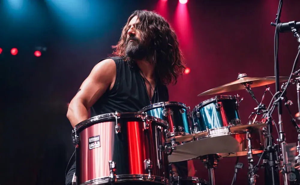 A drummer with long, dark hair and a beard plays a drum set with red and blue drums.