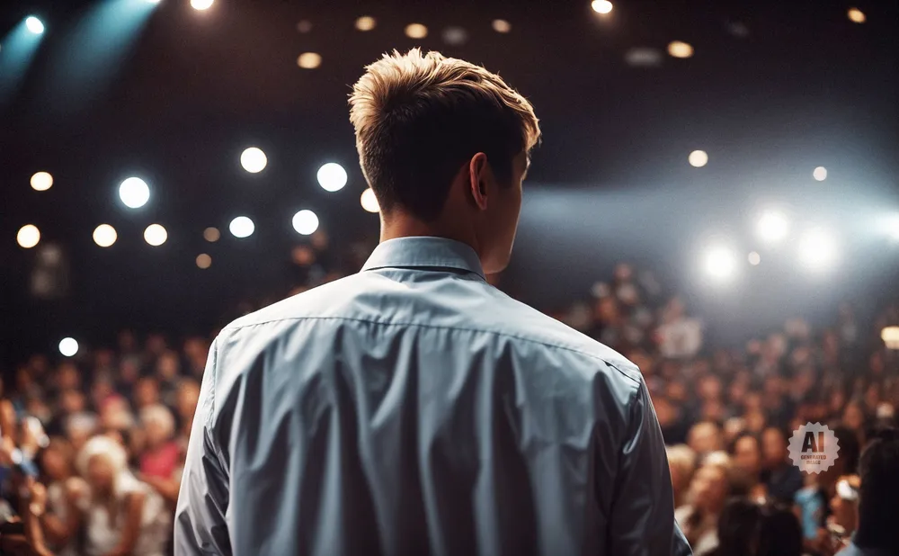 Man in light blue shirt addresses a blurry audience under spotlights on a dark stage.