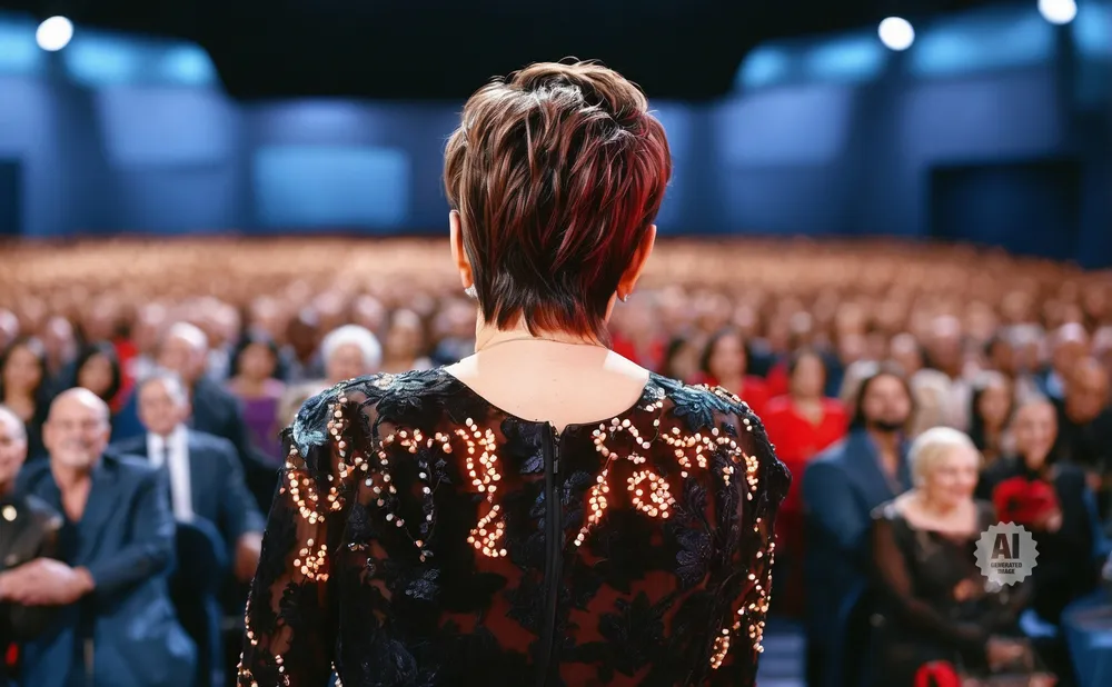 Woman in a sparkling black dress speaks to a large, seated audience.