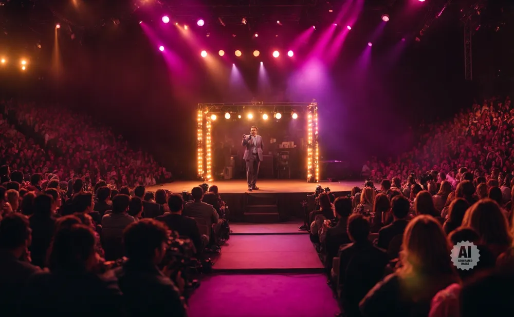 A performer on stage under bright lights addresses a large, seated audience.