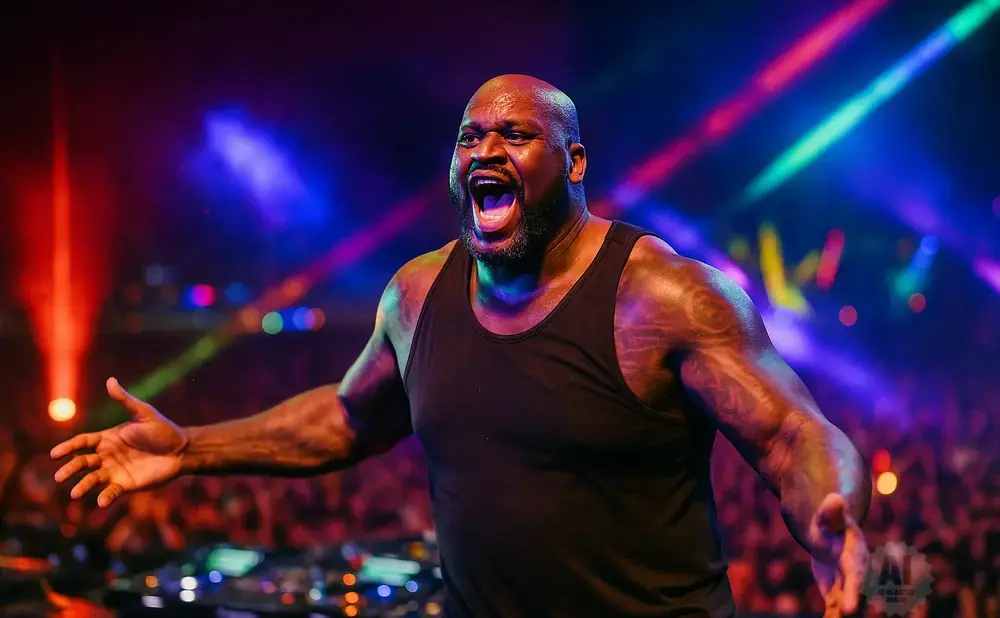 Shaquille O'Neal in a black tank top with arms outstretched under colorful stage lights.