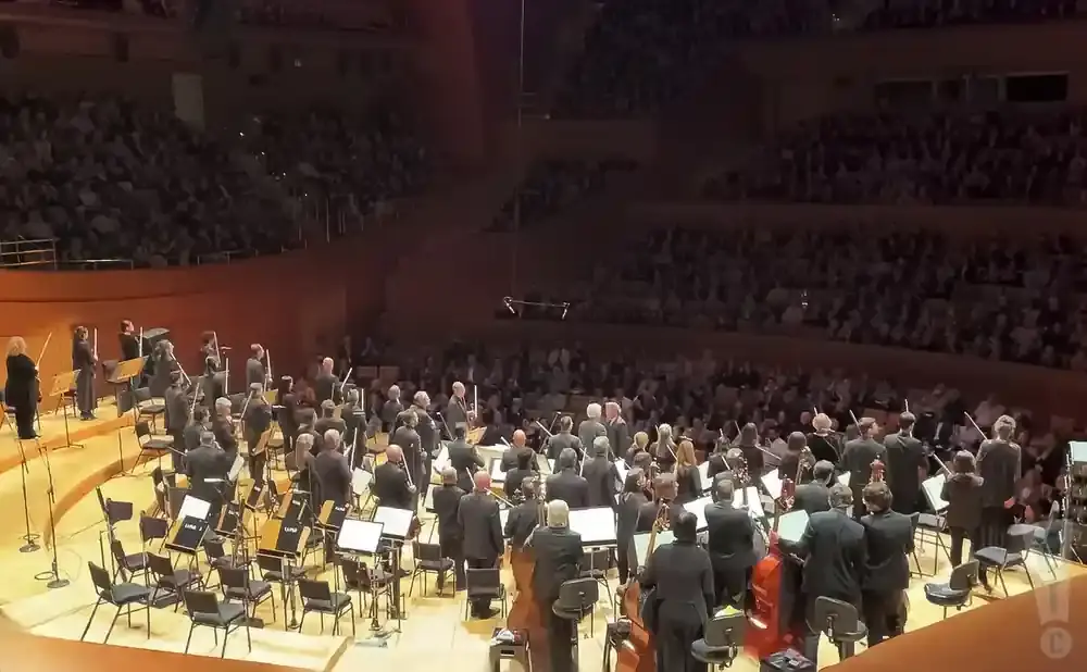 An orchestra performs on stage before a large audience.