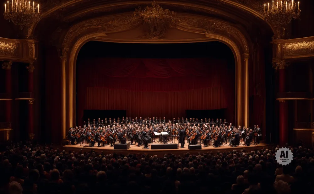 An orchestra performs on stage in a grand concert hall with a red curtain backdrop and opulent decorations.