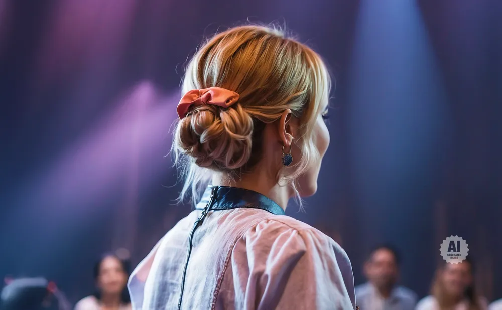 Woman with blonde hair in a bun with a pink scrunchie, facing away from the camera, with blurred audience in the background.