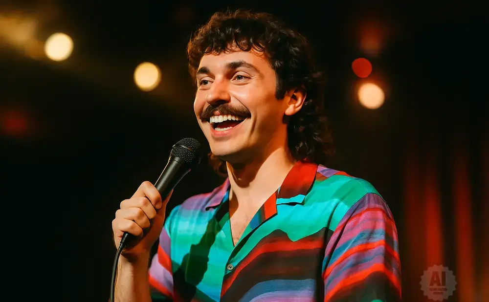 A man with a mustache and mullet, wearing a colorful shirt, smiles while holding a microphone.