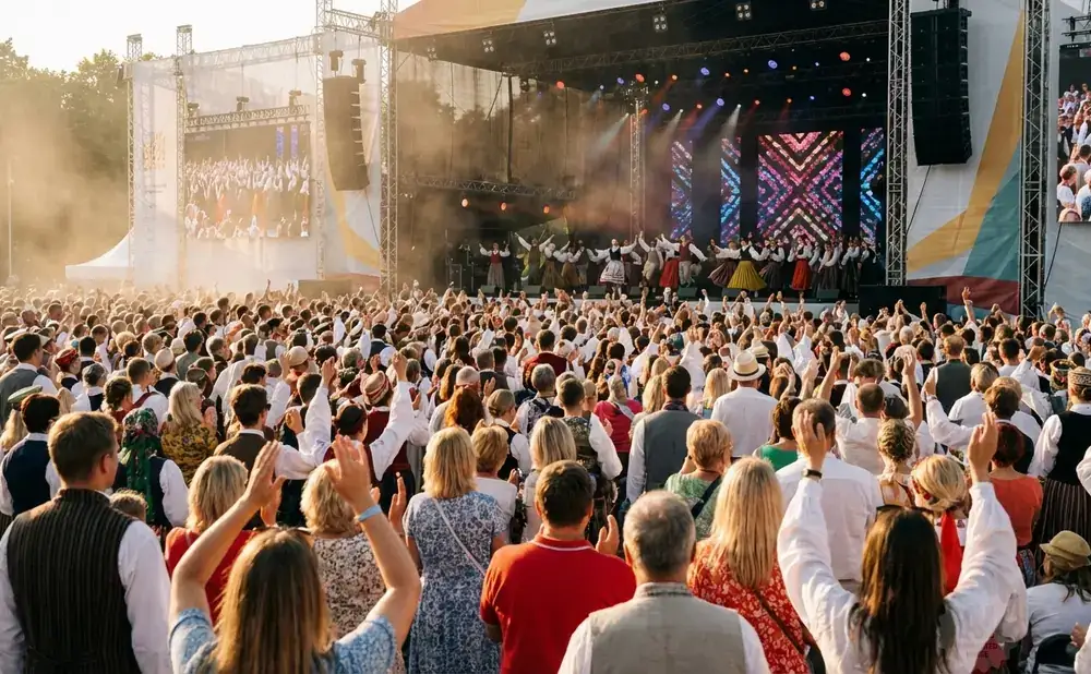 People in traditional outfits dance on stage at an outdoor festival.