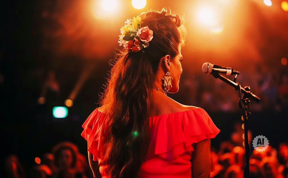 Singer with flowers in her hair performs on stage, backlit by warm lights.