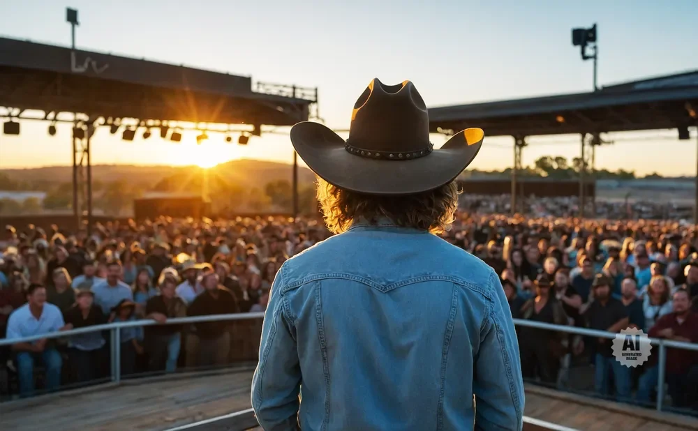 Cowboy in a hat and denim jacket faces a large, blurred outdoor concert crowd at sunset.