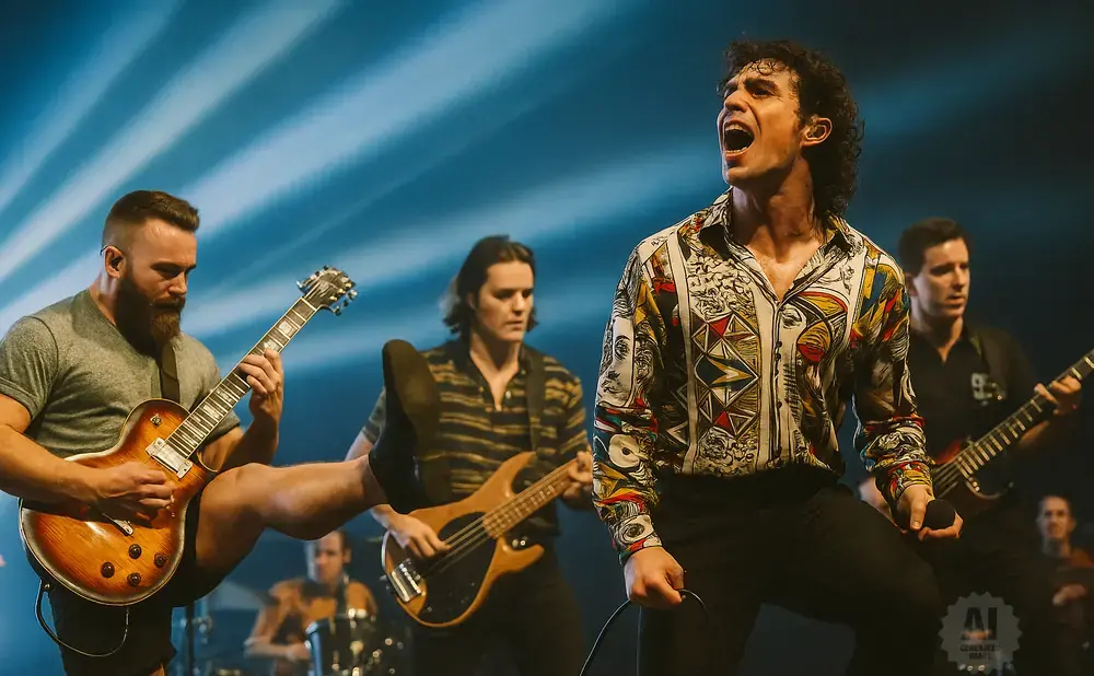 A band performs on stage with a vocalist in a colorful shirt singing into a microphone.