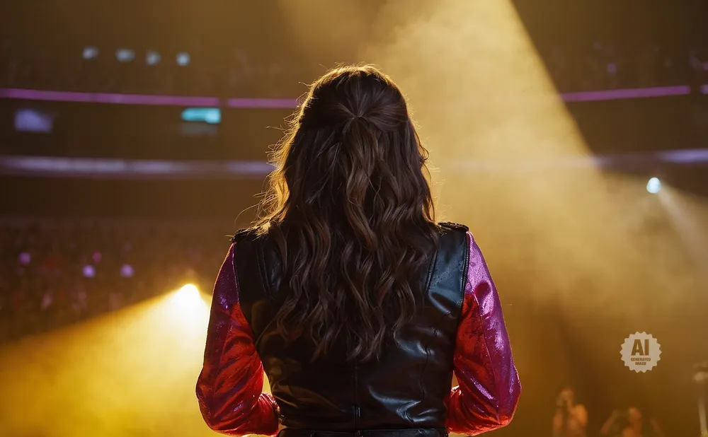 Woman with long, wavy brown hair in a half-up style, wearing a black vest over a sparkly pink jacket, standing on a stage with spotlights.