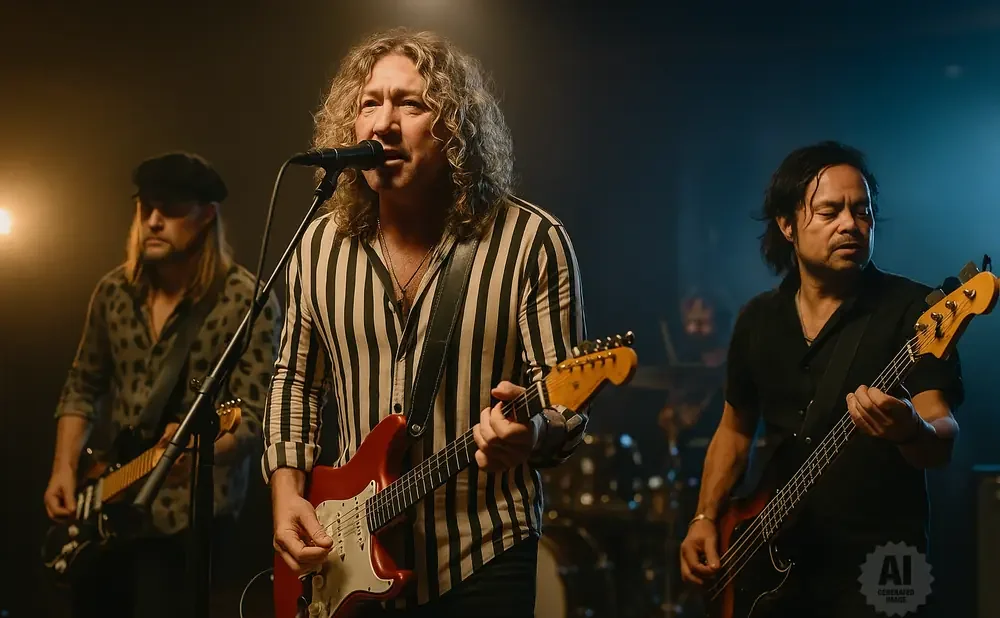 A band performs on stage with a lead singer playing a red guitar and a bassist on the right.