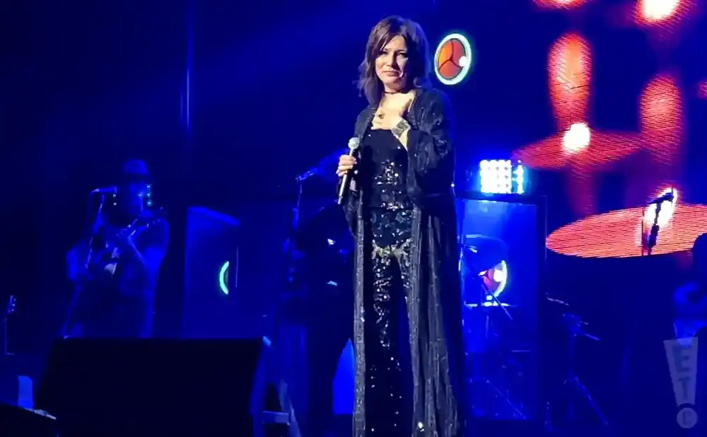Singer performs on stage in a sparkly black gown and long kimono.