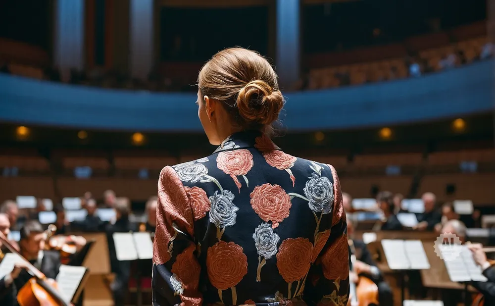 Woman in floral jacket conducting an orchestra.