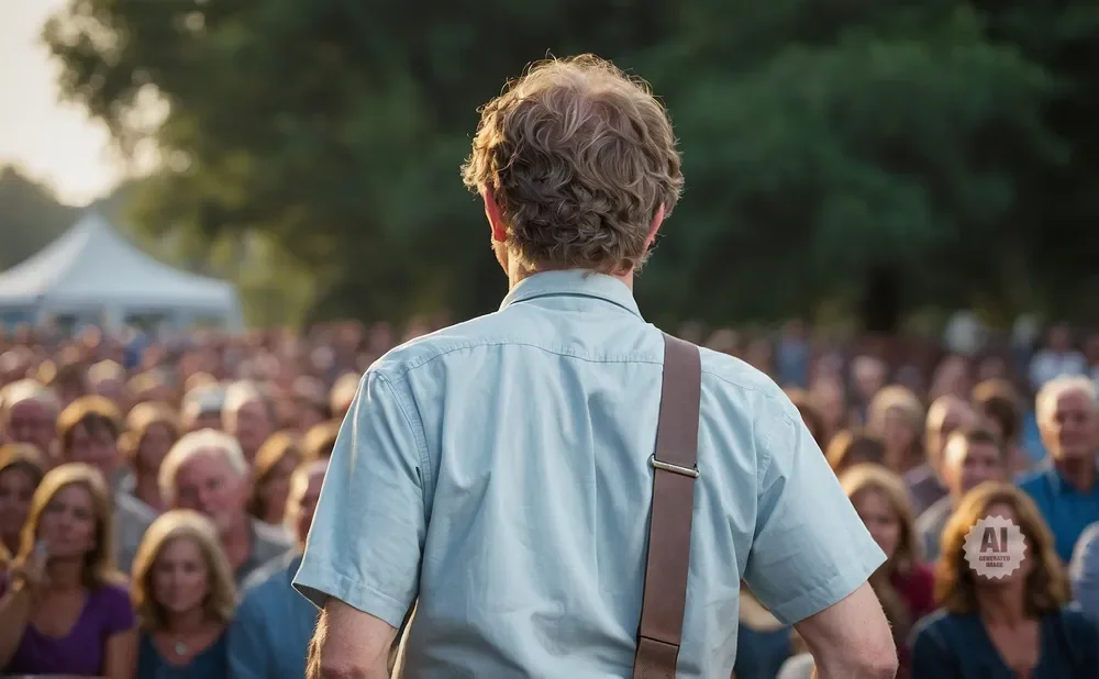 Man in a light blue shirt with a brown strap across his back, facing a crowd at an outdoor event.
