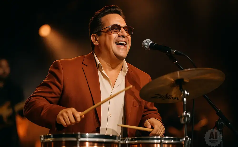 Man in a brown suit plays drums and sings into a microphone.