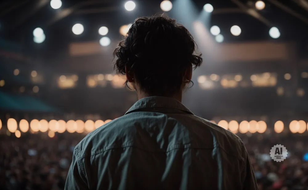 Back of a person with curly hair, looking at a blurred crowd and stage lights.