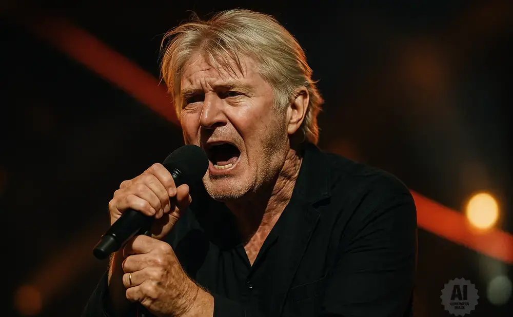 A man with blonde hair sings into a microphone, his mouth open and eyes closed, on a dark stage.