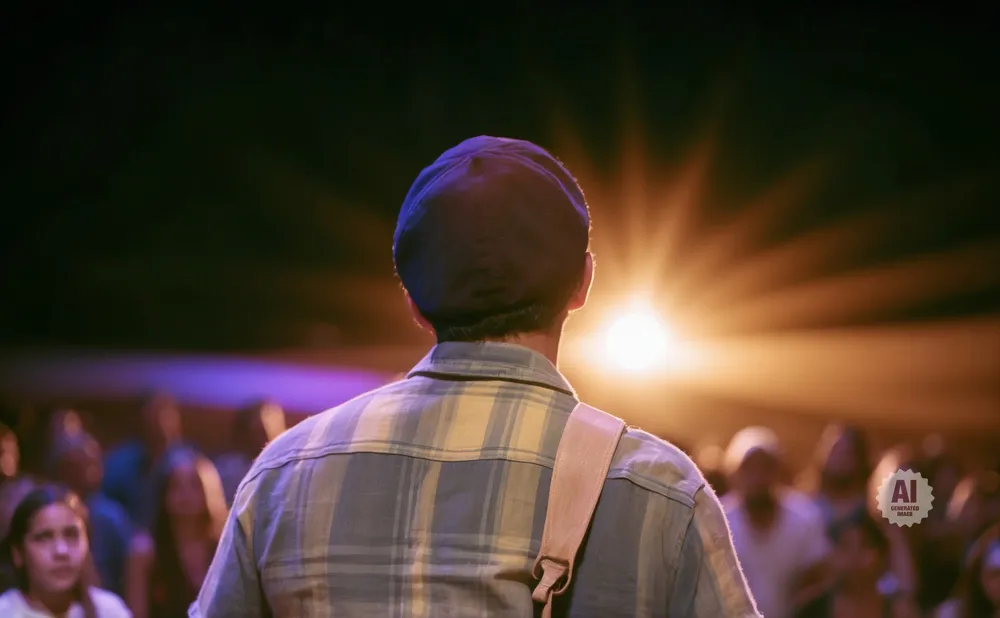 A person in a plaid shirt and hat faces a bright light in front of a blurred audience.