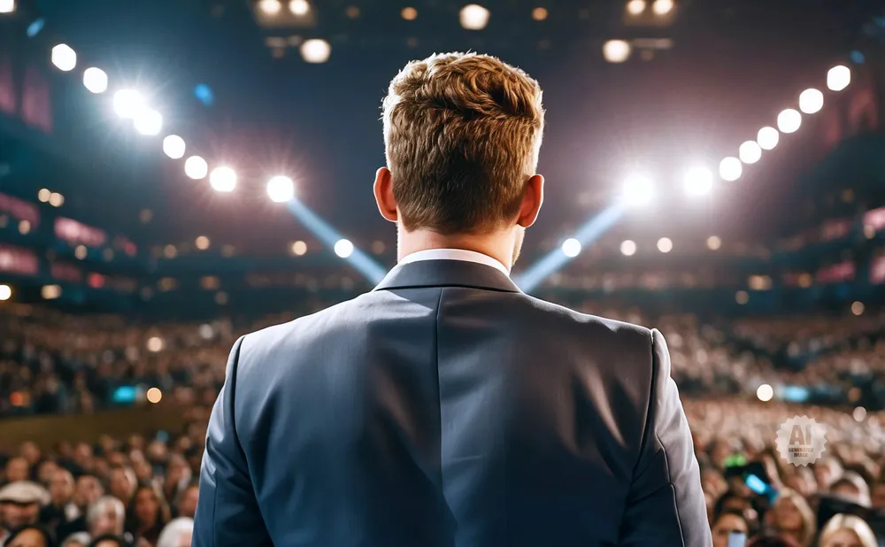 Man in a suit facing a large, well-lit audience.
