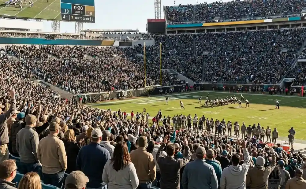 An American football game in a stadium, with players on the field and a large crowd in the stands.
