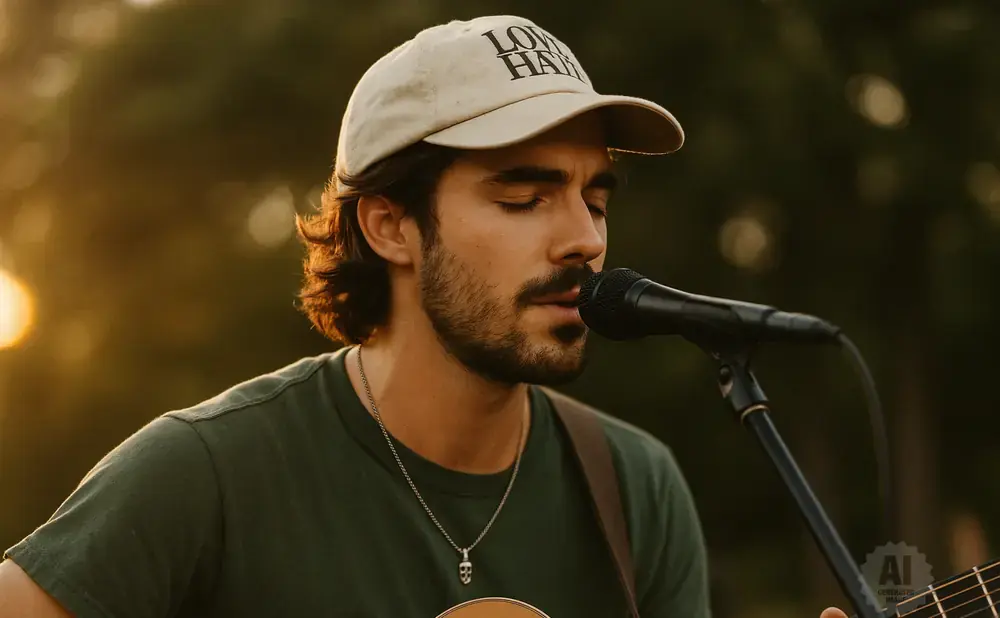 A man with a beard wears a baseball cap and sings into a microphone while playing a guitar.