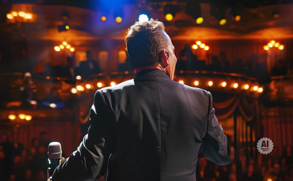 Man in suit facing away from camera, speaking into a microphone on a stage with audience and lights.