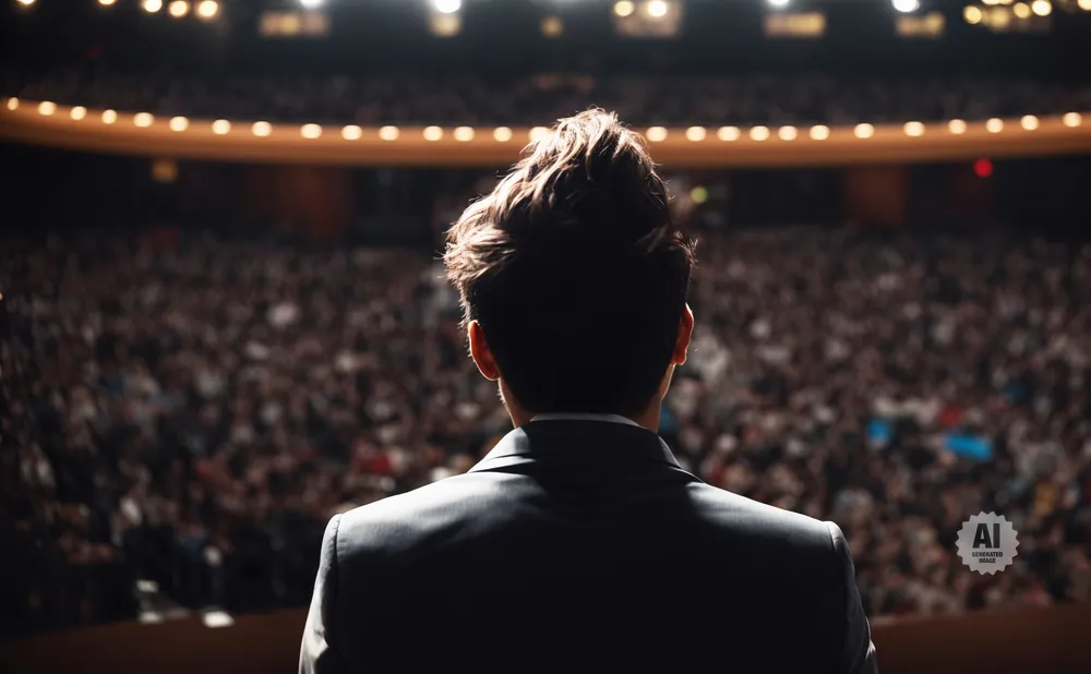 A person in a suit faces a large, dimly lit audience with a spotlight on their hair.