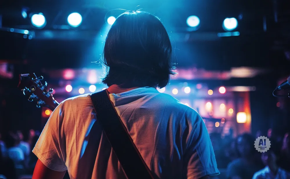 Back of a musician with guitar on stage, bathed in blue and orange light, with blurred audience in the background.