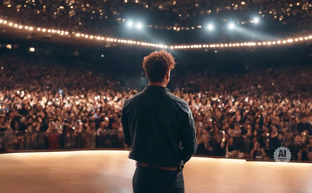 A person stands on a stage facing a large audience with hands raised, holding lights.