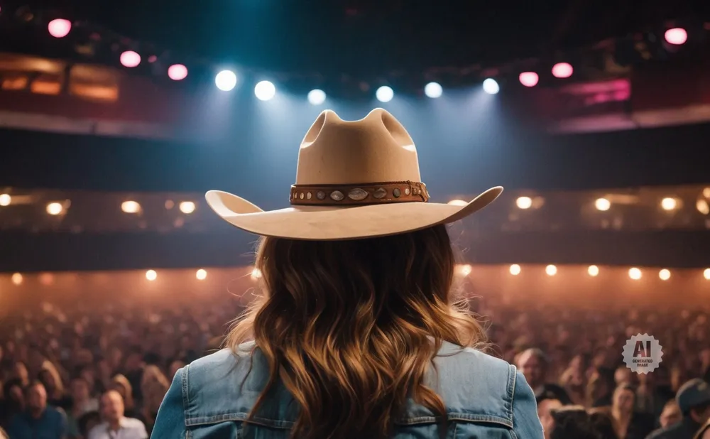 A woman in a cowboy hat on stage faces a cheering crowd.