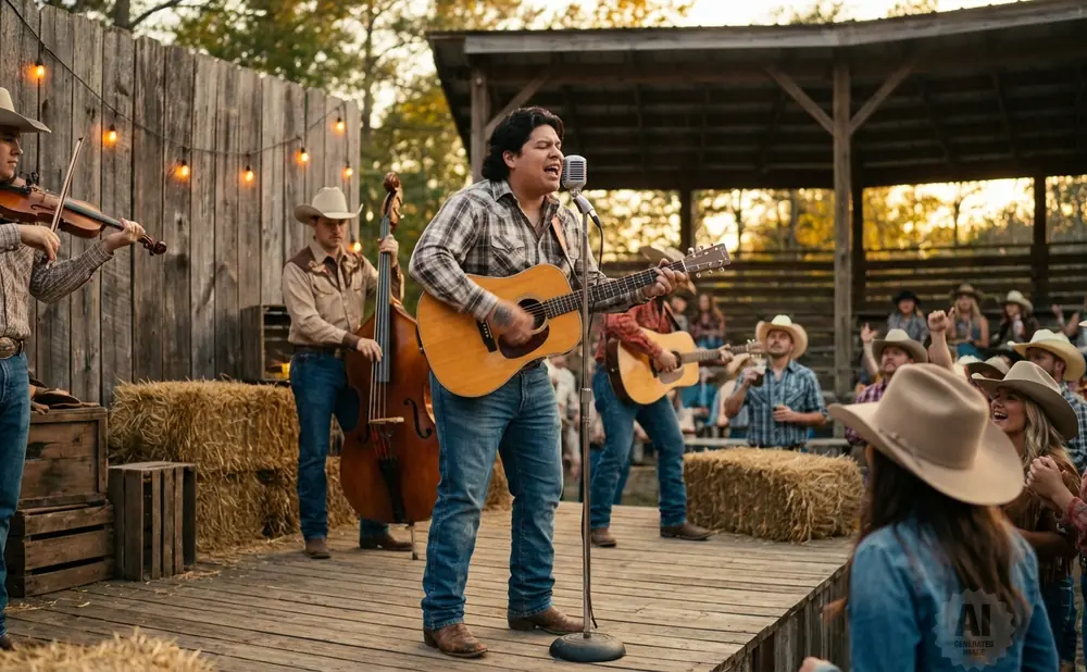 A country band performs on a wooden stage in front of a hay bale backdrop, with an audience in the background.