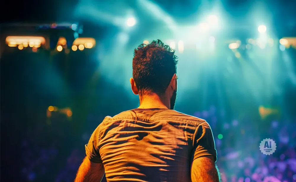 Man with beard on stage looks out at a cheering crowd, bathed in bright blue and orange lights.