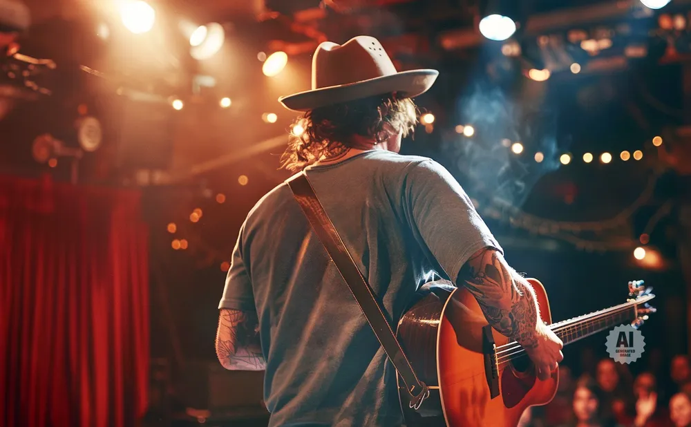 Musician in a hat plays an acoustic guitar on a dimly lit stage with red curtains.
