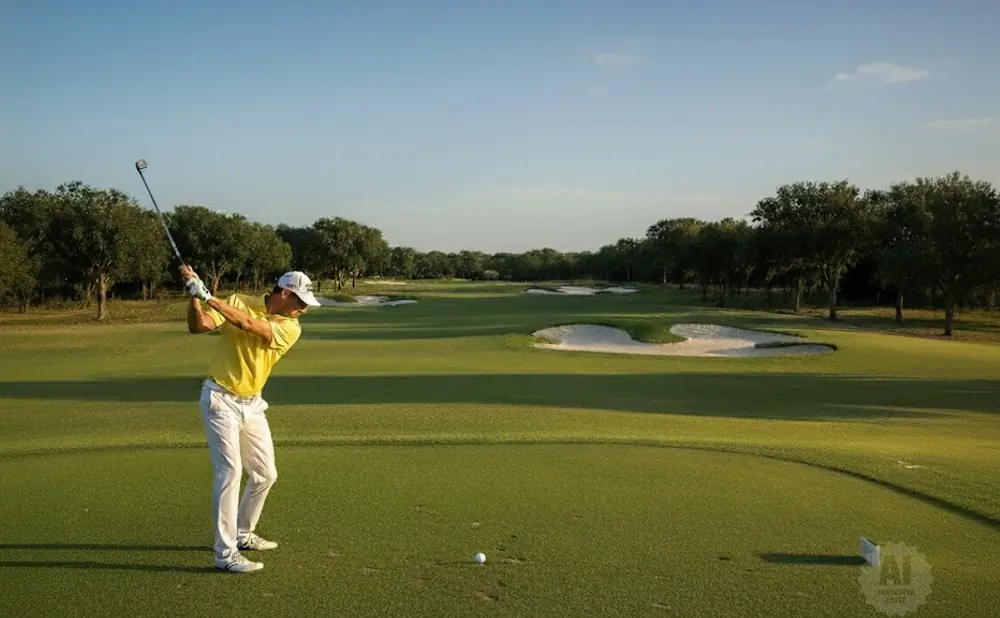 Golfer in yellow shirt swings on a sunny golf course with sand traps and trees.