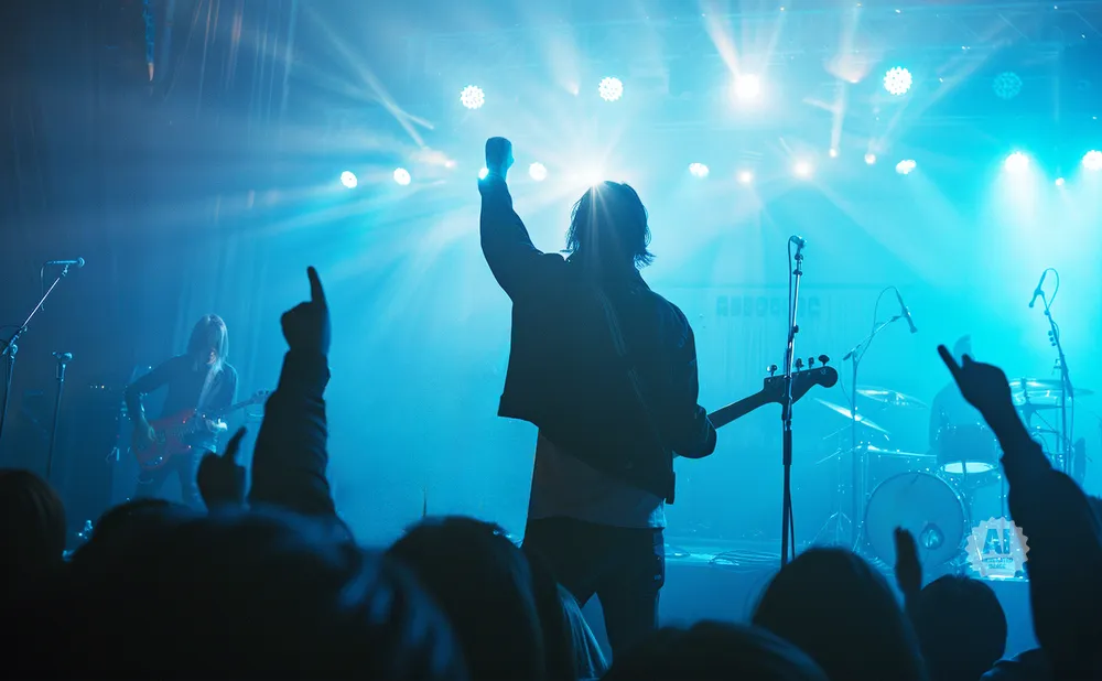 A band performs on a brightly lit stage with a guitarist raising a fist to the cheering crowd.
