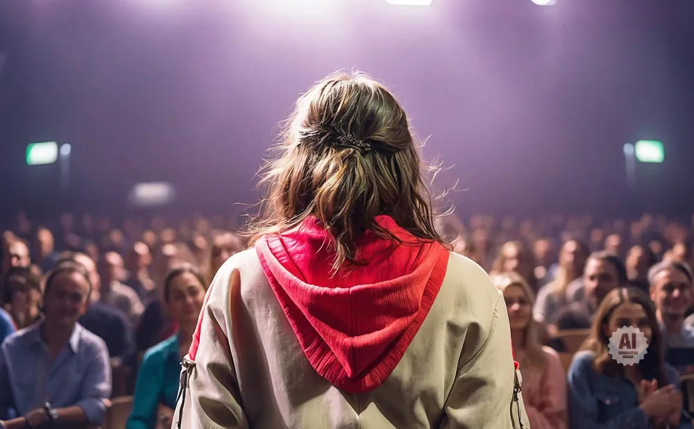 Person with back to camera facing a seated audience under stage lights.